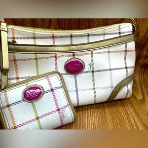 COACH Heritage Tattersall Plaid Purse Shoulder Bag Off White W Matching Wallet